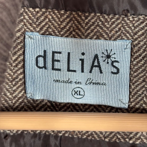 VTG Y2K Delias Wool Bomber Jacket XL Brown Herringbone Pea Coat Retro Punk Skate - Picture 7 of 12